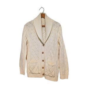 Vintage Shawl Collar Cable Knit Cream Button Front Women's Cardigan Sweater S